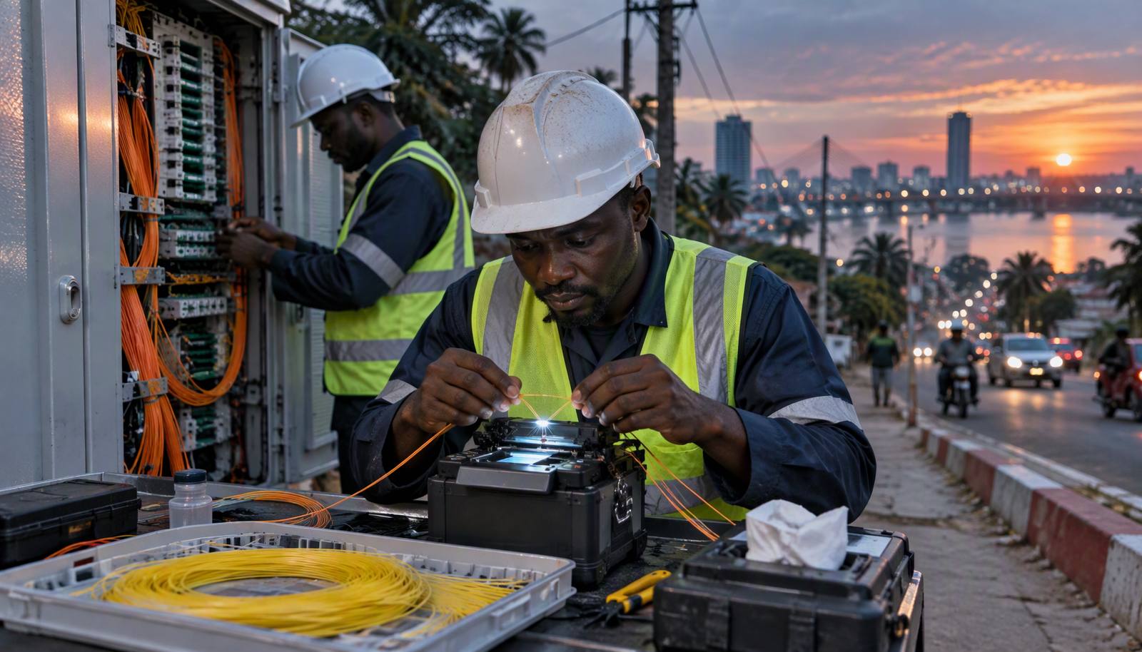 Techniciens raccordant des câbles en fibre optique en pleine rue