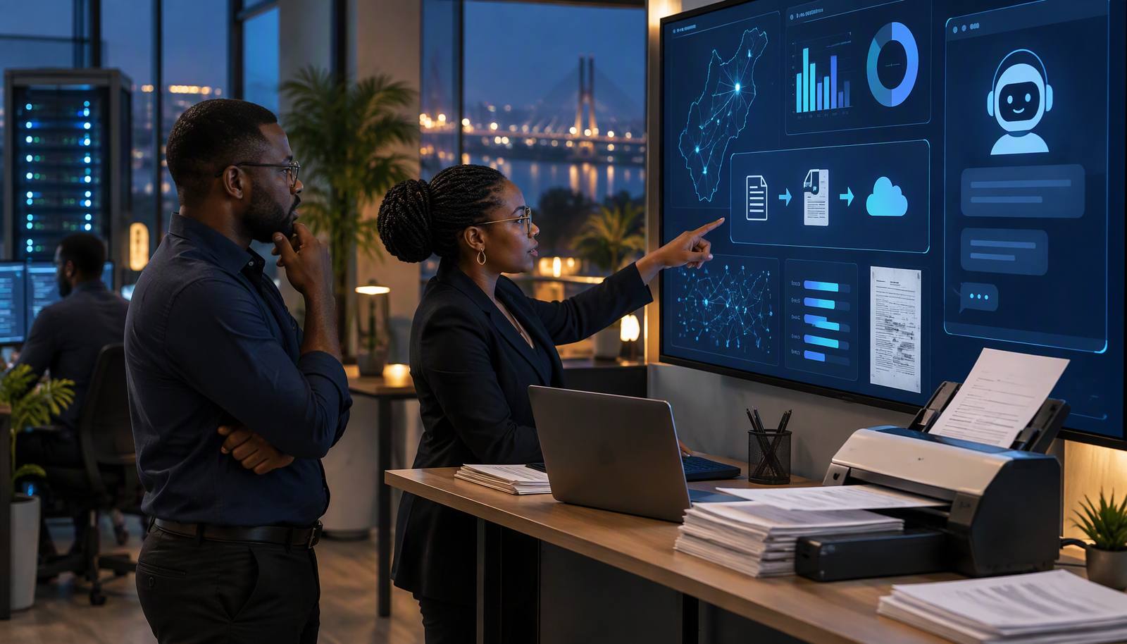 Équipe informatique devant un tableau de bord d'analyse et de dématérialisation
