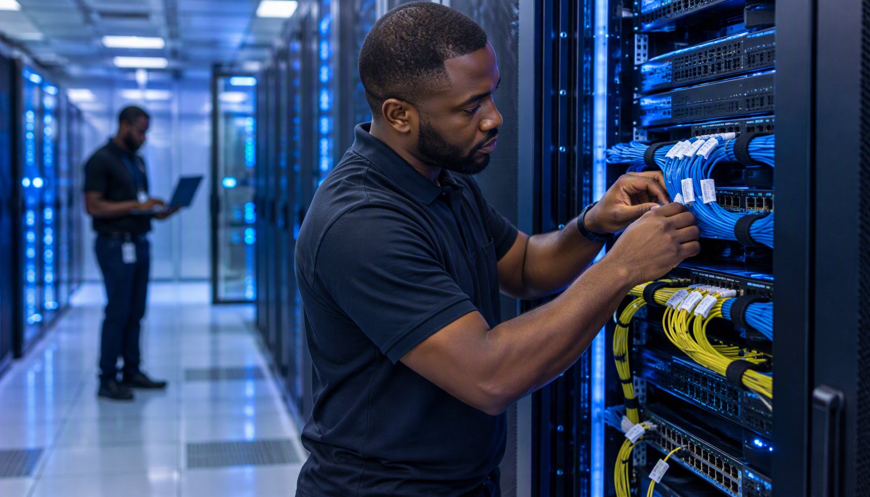 Ingénieur réseau intervenant sur une baie de brassage en data center