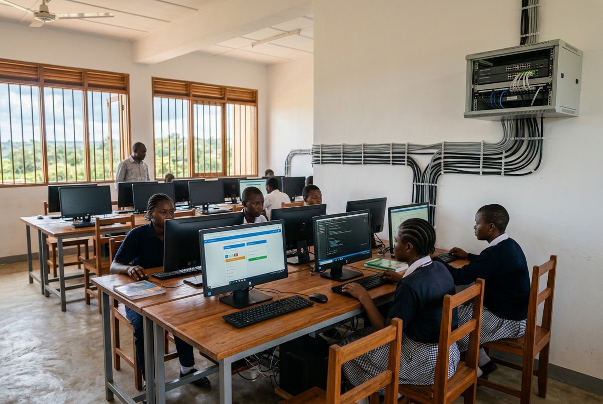 Salle informatique d'équipement scolaire avec postes de travail et câblage réseau