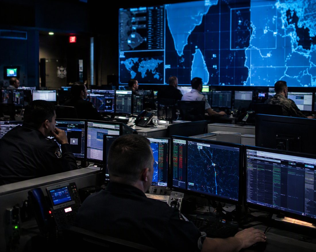 Salle de commandement équipée d'écrans de supervision réseau