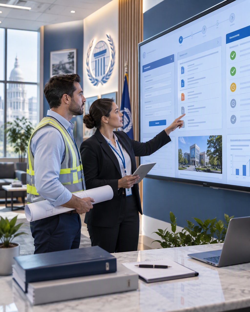 Agents consultant une plateforme digitale sur un écran mural