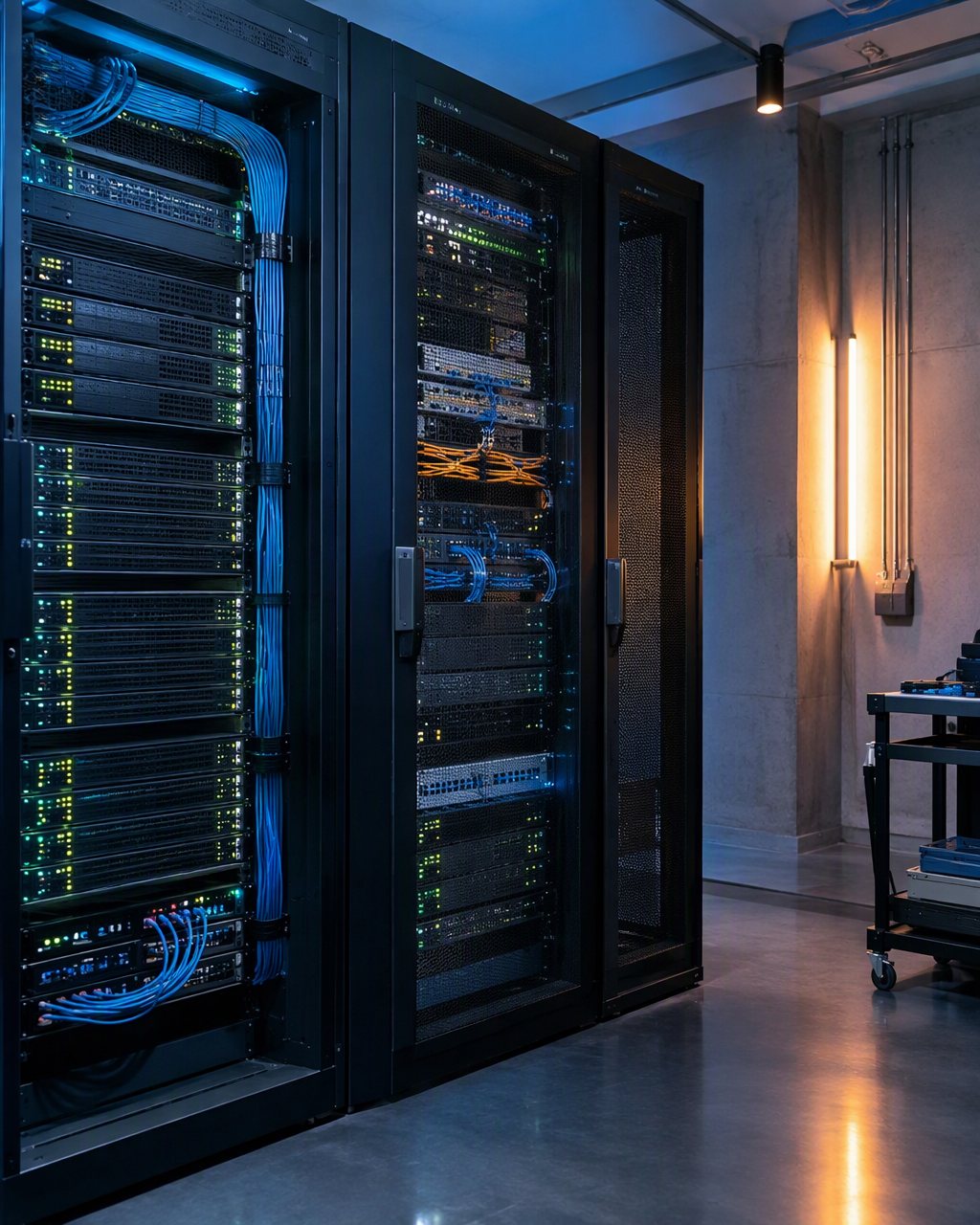 Serveurs en rack dans une salle d'hébergement
